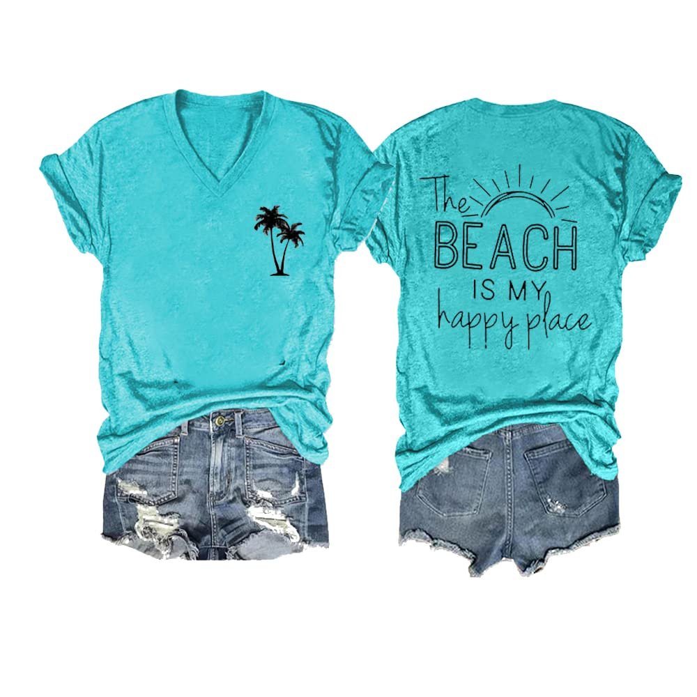 Beach is My Happy Place Tshirt The Beach is My Happy Place Shirt Plus Beach Shirts for Women Graphic Tees Vacation Beach Tshirt V-Neck Funny Casual T Summer Holiday T Plus Size 5XL Green