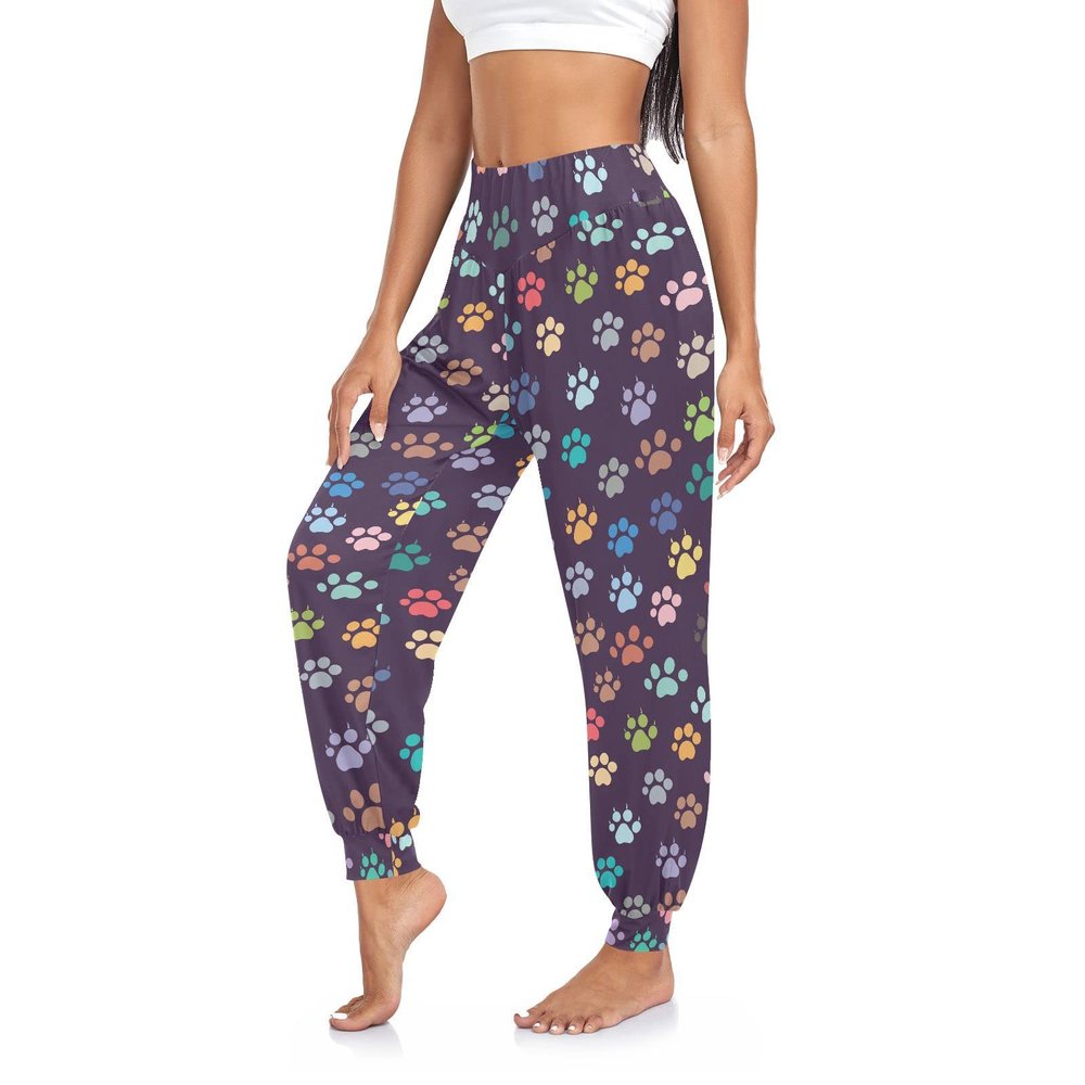 Aflyko Women Dance Pants Cat Paw Print Rainbow Boho Trousers Yoga Sweatpants Casual Sportwear Relaxed Fit Workout Harem Pants, L