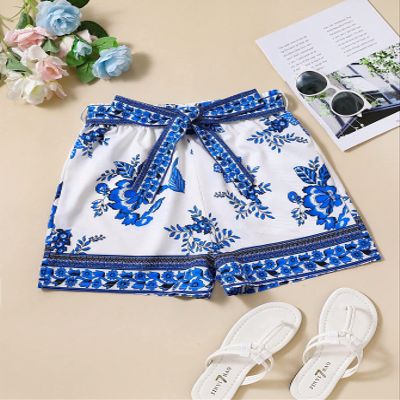 ABZEKH Shorts for Women Shorts Women's Shorts 1pc Floral Print Belted Shorts Shorts (Color : Blue and White, Size : Large)