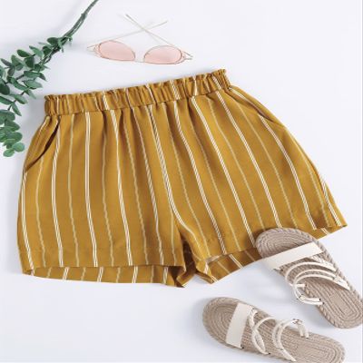 ABZEKH Shorts for Women Shorts Women's Shorts Paperbag Waist Striped Shorts Shorts (Color : Mustard Yellow, Size : Medium)