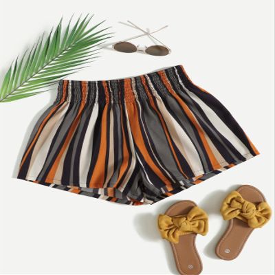 ABZEKH Shorts for Women Shorts Women's Shorts Shirred Waist Striped Colorblock Shorts Shorts (Color : Multicolor, Size : Medium)