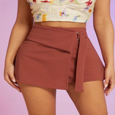 ABZEKH Shorts for Women Shorts Women's Shorts High Waist O-Ring Detail Skort Shorts (Color : Rust Brown, Size : Large)