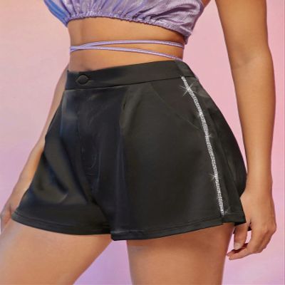 ABZEKH Shorts for Women Shorts Women's Shorts Contrast Rhinestone Tape Side Satin Shorts Shorts (Color : Black, Size : Small)