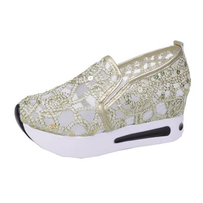 SACFOF Women's Floral Embroidery Breathable Mesh Sneakers Summer Platform Shoes Hidden Wedge High Top Walking Sneakers