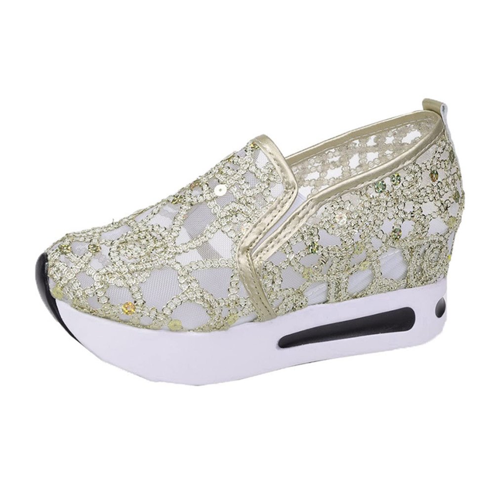 SACFOF Women's Floral Embroidery Breathable Mesh Sneakers Summer Platform Shoes Hidden Wedge High Top Walking Sneakers