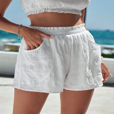 ABZEKH Shorts for Women Shorts Women's Shorts Solid Paperbag Waist Pocket Side Shorts Shorts (Color : White, Size : Large)