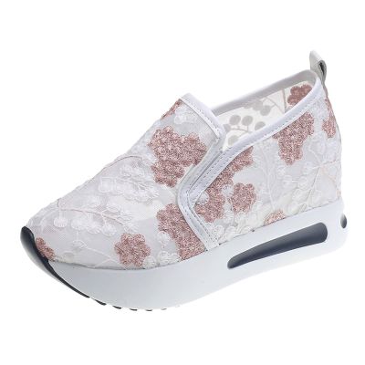 SACFOF Women's Floral Embroidery Breathable Mesh Sneakers Summer Platform Shoes Hidden Wedge High Top Walking Sneakers
