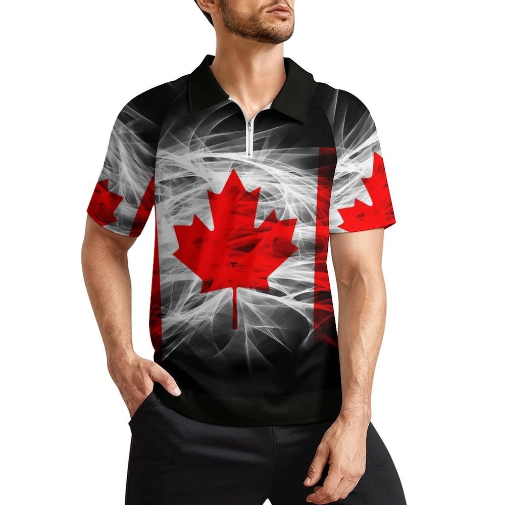 Canada Flag Men's Polo Shirts Short Sleeve Golf T-Shirts Tops Zip Casual Sportswear M