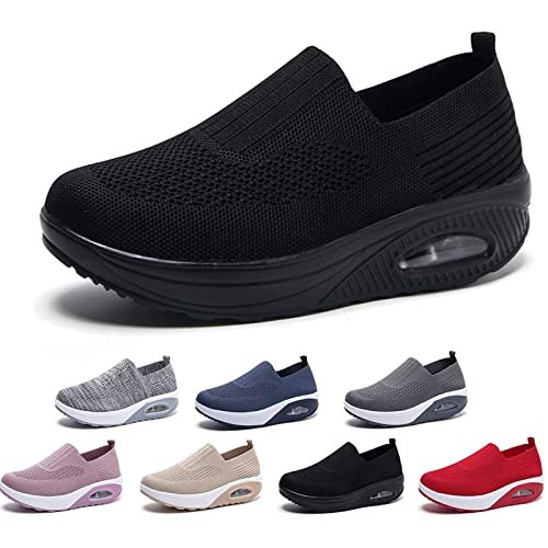 AODGHC Women's Orthopedic Sneakers, Comfortable Air Cushion Walking Shoes, Slip On Shoes (US 6.5-7, Black)