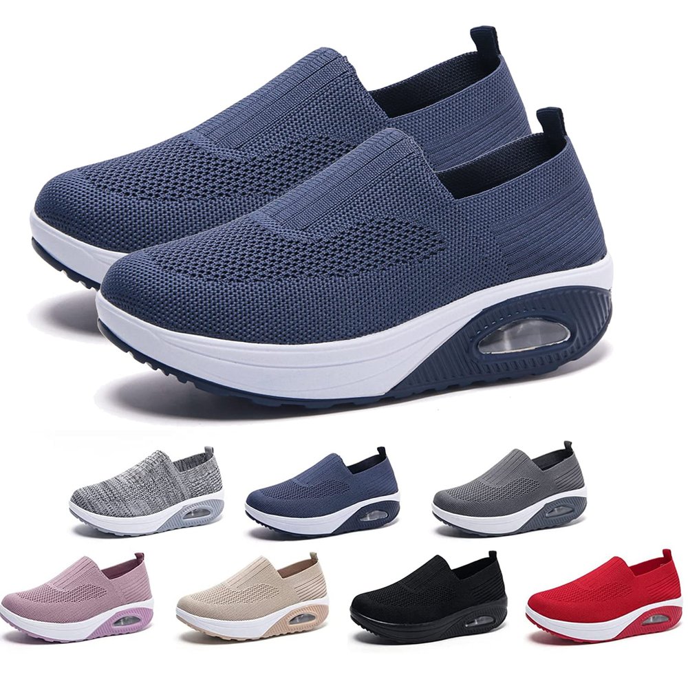 AODGHC Women's Orthopedic Sneakers, Comfortable Air Cushion Walking Shoes, Slip-On Sneakers for Women (US 6, Navy Blue)