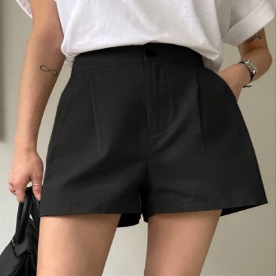 AMDMG Shorts for Women Slant Pockets Fold Pleated Shorts (Color : Black, Size : X-Large)