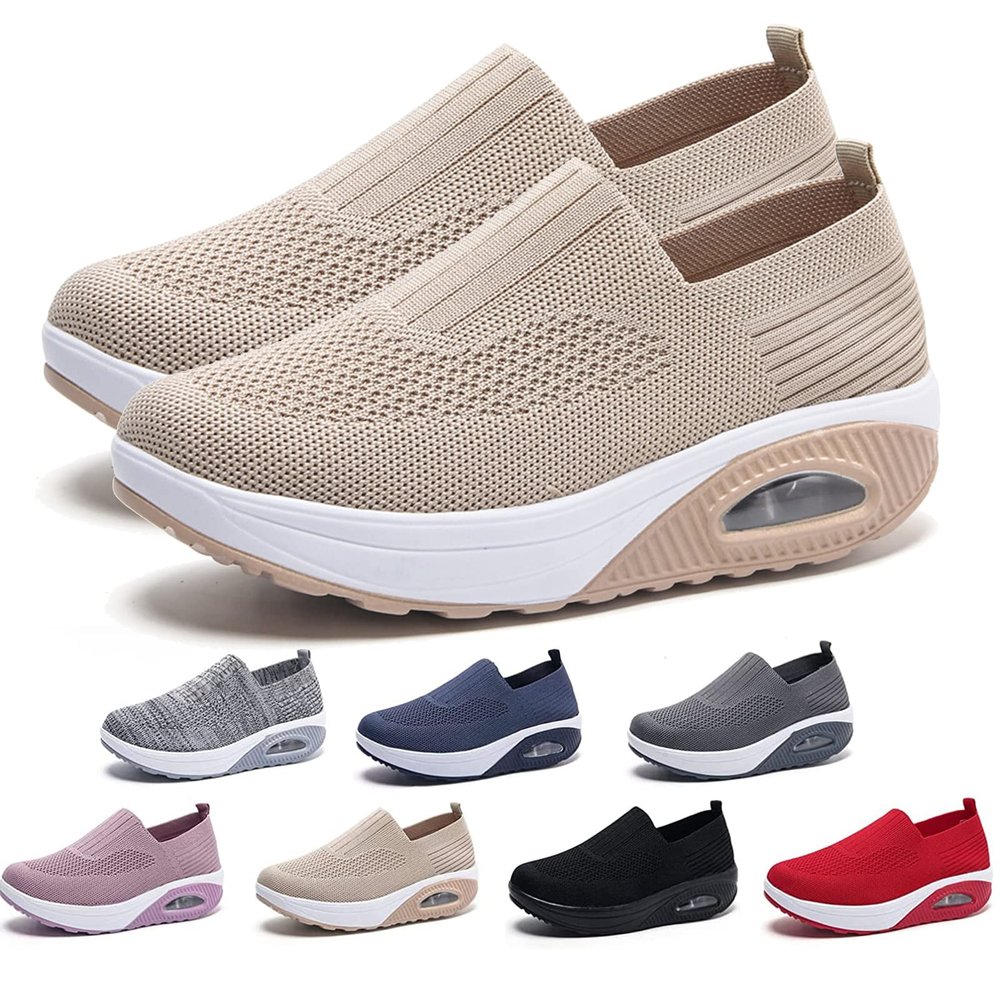 AODGHC Women's Orthopedic Sneakers, Comfortable Air Cushion Walking Shoes, Slip On Shoes (US 9.5-10, Khaki)