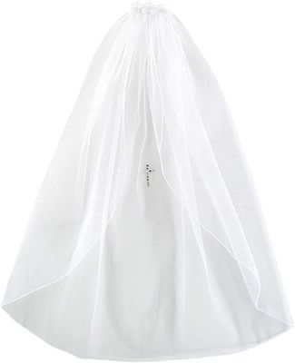 Needzo White First Communion Veil for Girls, Tulle with Satin Trim and Rhinestone Cross, 54 Inches