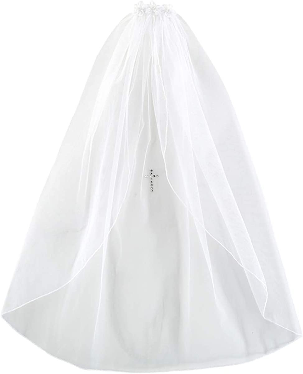 Needzo White First Communion Veil for Girls, Tulle with Satin Trim and Rhinestone Cross, 54 Inches