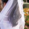 Needzo White First Communion Veil for Girls, Tulle with Satin Trim and Rhinestone Cross, 54 Inches view 3