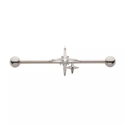14GA 316L Stainless Steel CZ Crystal Double Pointed Cross Industrial Barbell