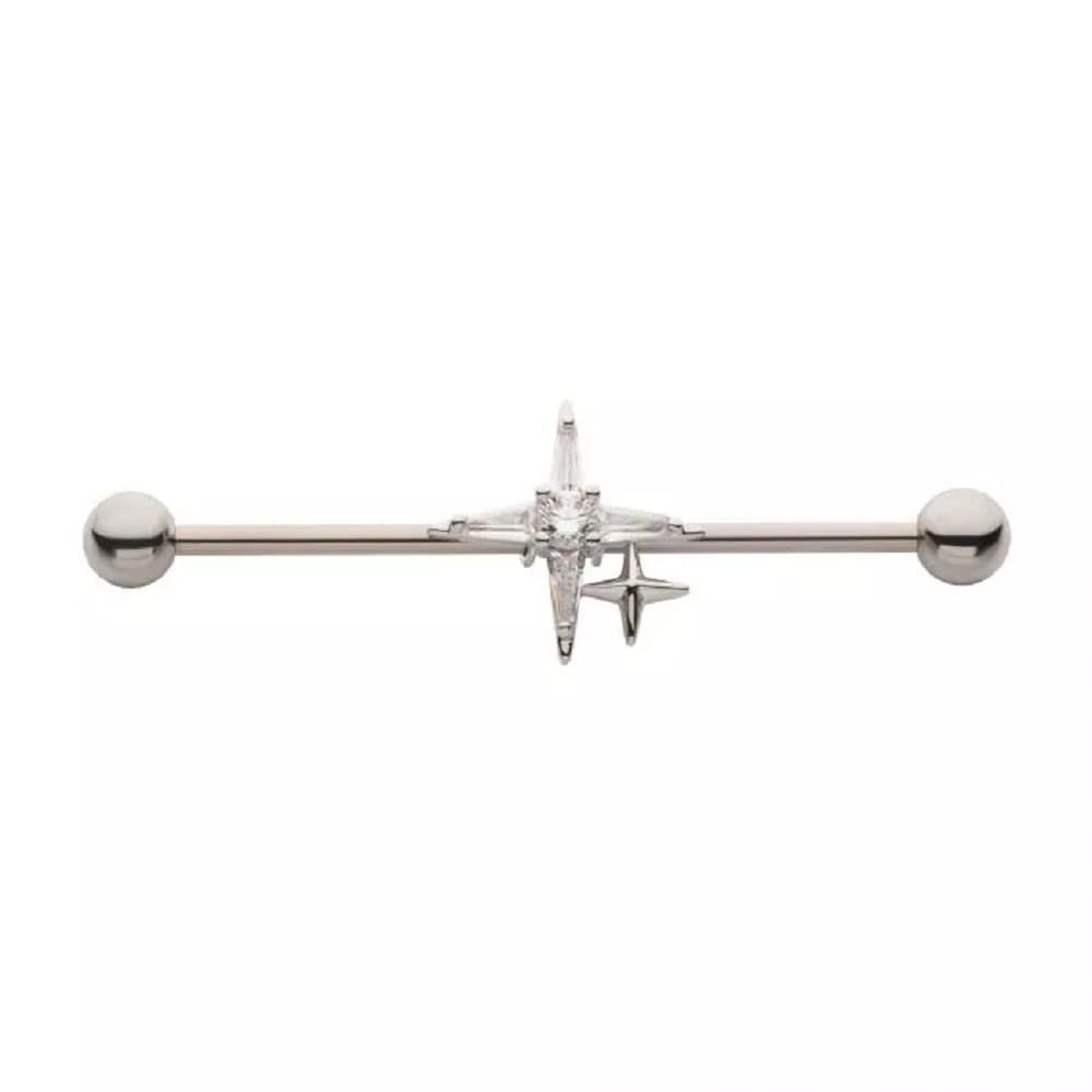 14GA 316L Stainless Steel CZ Crystal Double Pointed Cross Industrial Barbell