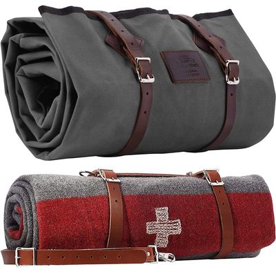 1844 Helko Werk Germany Waxed Canvas Bedroll & Swiss Army Blanket Bundle - Camping Bedroll with Leather Straps and Zipper - Waterproof Portable Bed (Blanket + Bedroll Slate Gray) #F8761SGB