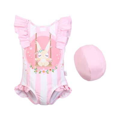 Toddler Girl's Cartoon Rabbit Swimsuit Girl Summer Sleeveless Ruffled Lace Swimsuit 2 PCS Suit (A, 6-7 Years)