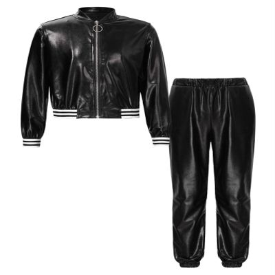 Loodgao Kids Boys Girls Jazz Hip Hop Dance Costumes Shiny Leather Jacket Sweatshirt with Sweatpants Set Black 6 Years