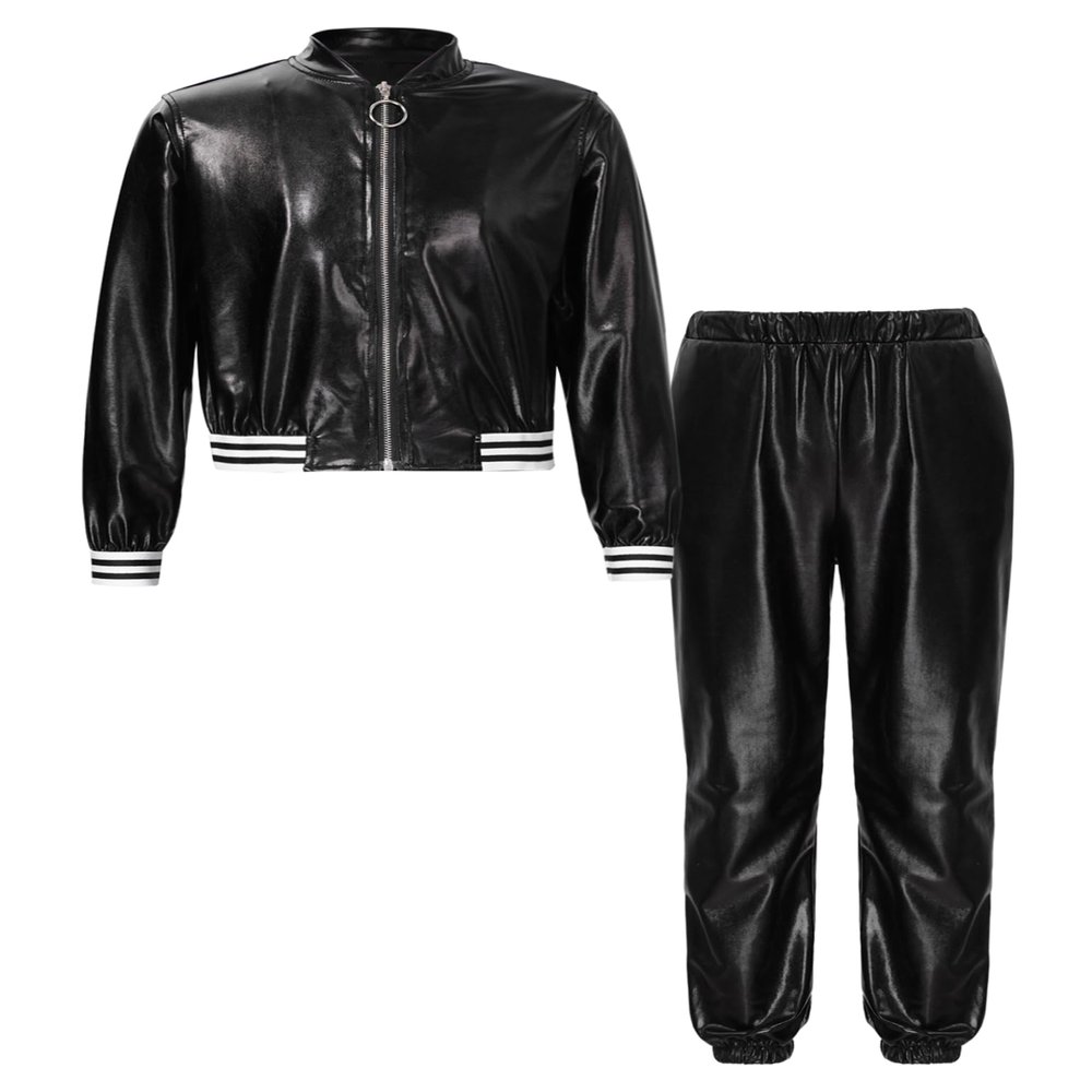 Loodgao Kids Boys Girls Jazz Hip Hop Dance Costumes Shiny Leather Jacket Sweatshirt with Sweatpants Set Black 6 Years