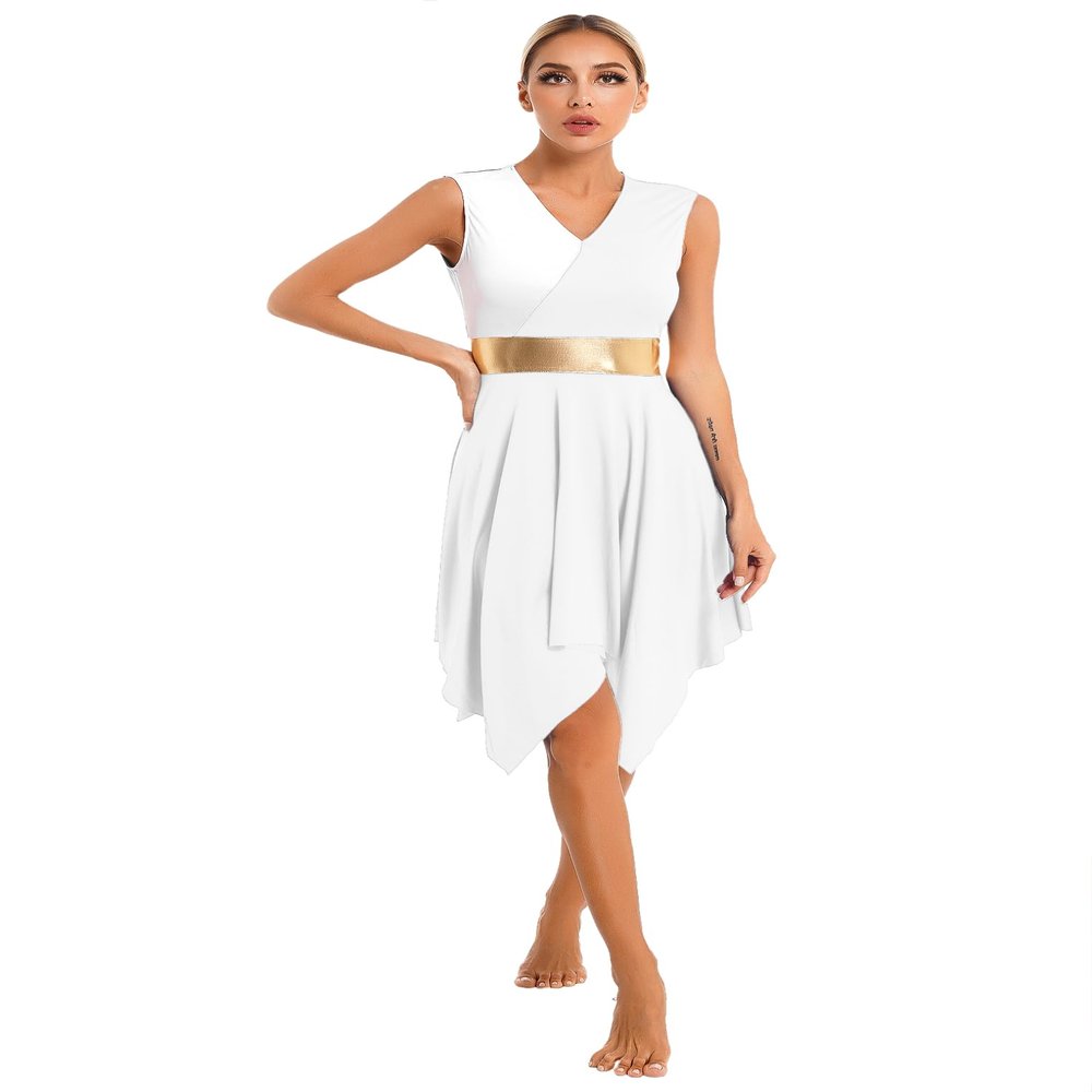 YEAHDOR Women's Asymmetrical Liturgical Praise Dance Dress Sleeveless Color Block Robe Dress Worship Lyrical Dancewear White Medium