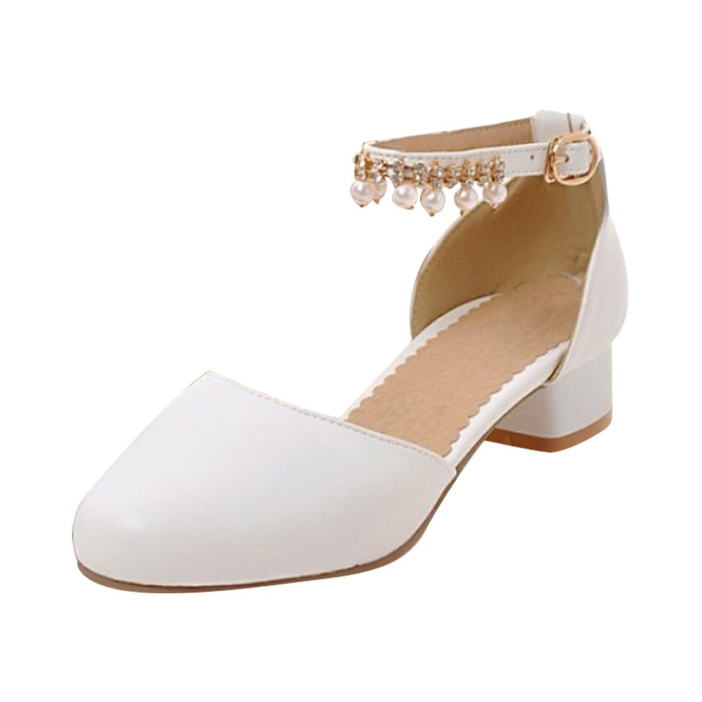 Girls Mary Jane Dress Shoes Pumps Low Heels Flower Party High School Prom Sandals Grils Dress Shoes Water Shoes for Boys (White, 13 Little Child)