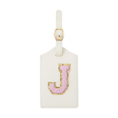 CHOIEO Initial Luggage Tag, PU Leather, Embroidered, Letter, Monogrammed, Luggage Tag for Baggage Bag Suitcase (J, White Leather+Pink Letter)