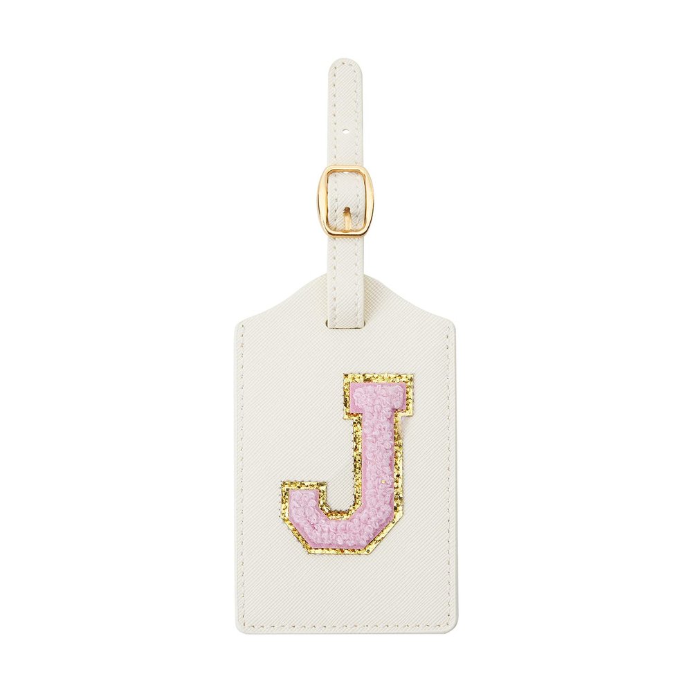 CHOIEO Initial Luggage Tag, PU Leather, Embroidered, Letter, Monogrammed, Luggage Tag for Baggage Bag Suitcase (J, White Leather+Pink Letter)