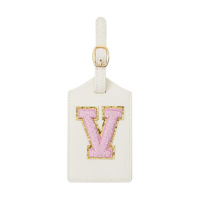 Initial Luggage Tag, PU Leather Luggage Tag, Embroidered Luggage Tag, Letter Luggage Tag, Monogrammed Luggage Tag, Luggage Tag for Baggage Bag Suitcase (V, White Leather+Pink Letter)