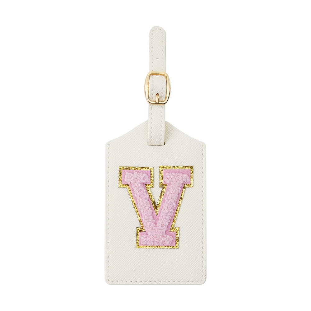 Initial Luggage Tag, PU Leather Luggage Tag, Embroidered Luggage Tag, Letter Luggage Tag, Monogrammed Luggage Tag, Luggage Tag for Baggage Bag Suitcase (V, White Leather+Pink Letter)