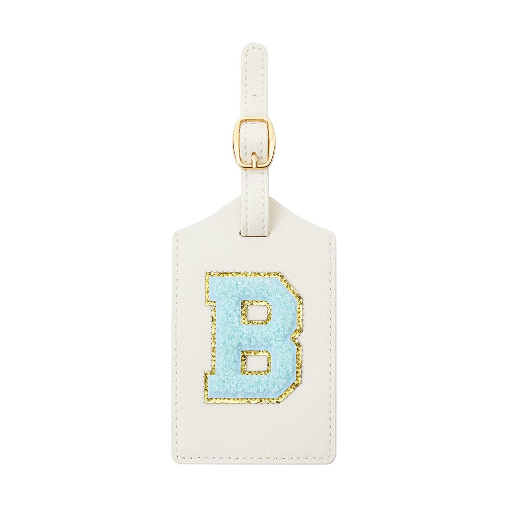 Embroidered Luggage Tag  Initial Bag Tag for Suitcase, Backpack, Carry-On, Duffel  Faux Leather Travel Accessory, Name Identifier, ID Label for Travel Bags (B, White Leather+Blue Letter)