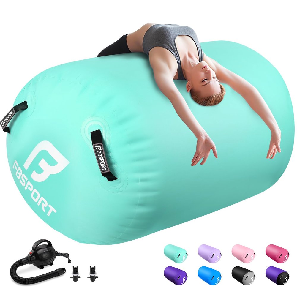 Air Roller Gymnastics Barrel, Inflatable Gymnastics Air Roller Inflatable Air Gymnastics Mat with Electric Pump for Yoga Cheerleading Training Home Outdoor Use (47x30inch Green)