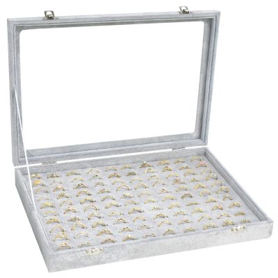Bivisen Ring Display Case Organizer Box with Transparent Lid, 100 Slot Ring Organizer Holder Showcase For Store Display Jewelry Show Home (Grey)