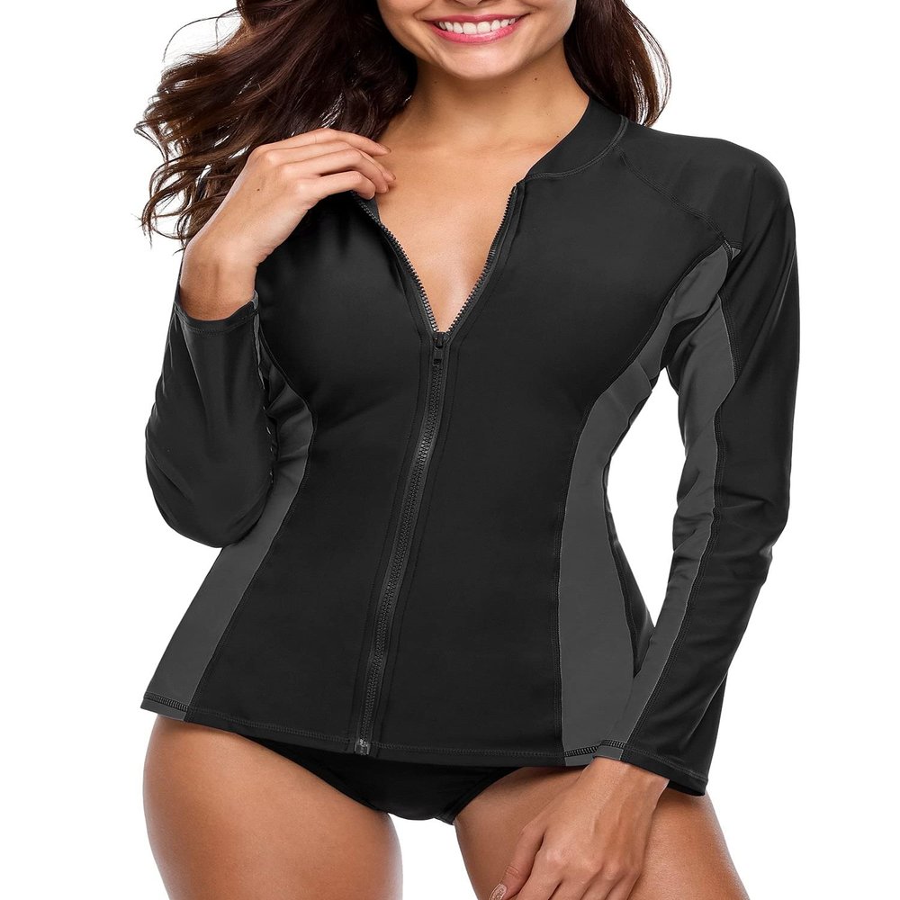 ATTRACO Women Sun Protection Rashguard Long Sleeve Swim Shirts Swimwear Surf Shirts Black S