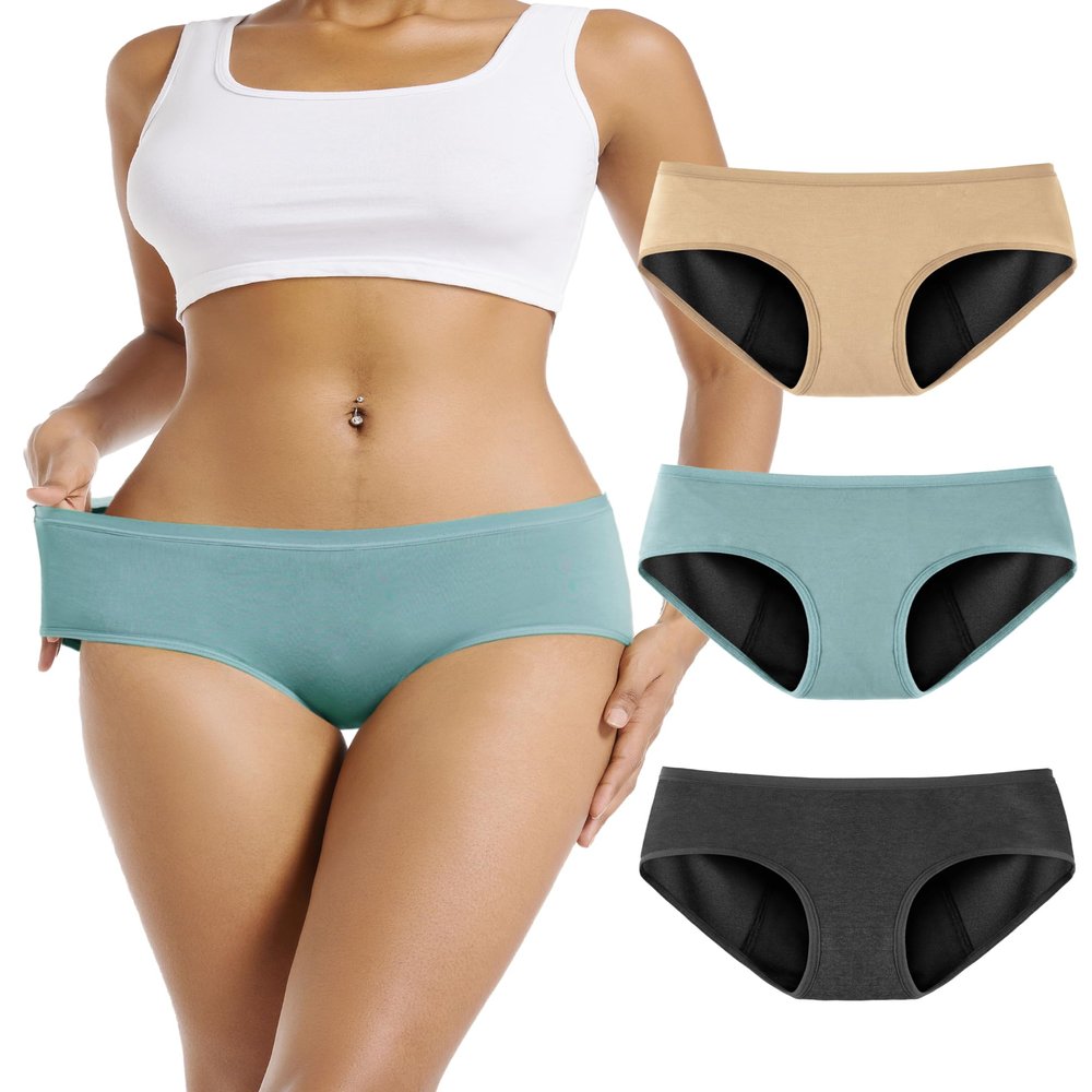 TIICHOO Period Underwear for Women Heavy Flow Soft Ladies Teens Menstrual Leak Proof Panties Incontinence 3 Pack (Large, Turquoise/Beige/Charcoal Gray)
