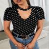 Domt Women's T-Shirt Polka Dot Scallop Trim Choker Neck Tee Women's Tops (Color : Black, Size : Large) view 1