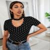 Domt Women's T-Shirt Polka Dot Scallop Trim Choker Neck Tee Women's Tops (Color : Black, Size : Large) view 3