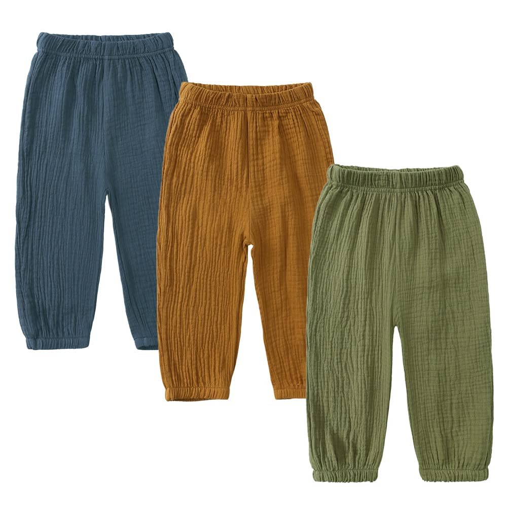 Kids Tales 3 Pack Boys Girls Cotton Linen Pants Child Basic Plain Solid Trousers Big Kids Elastic Waist Long Pants Bloomers