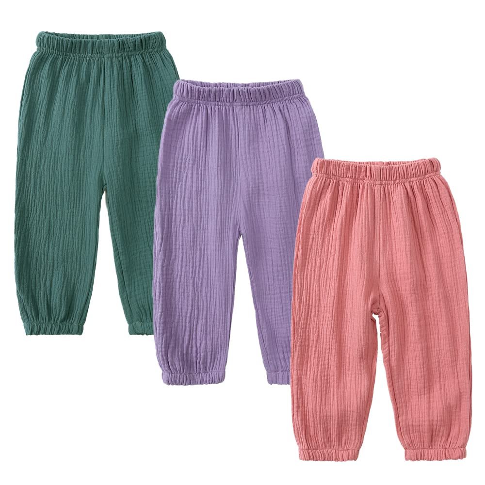 Kids Tales 3 Pack Boys Girls Cotton Linen Pants Child Basic Plain Solid Trousers Big Kids Elastic Waist Long Pants Bloomers