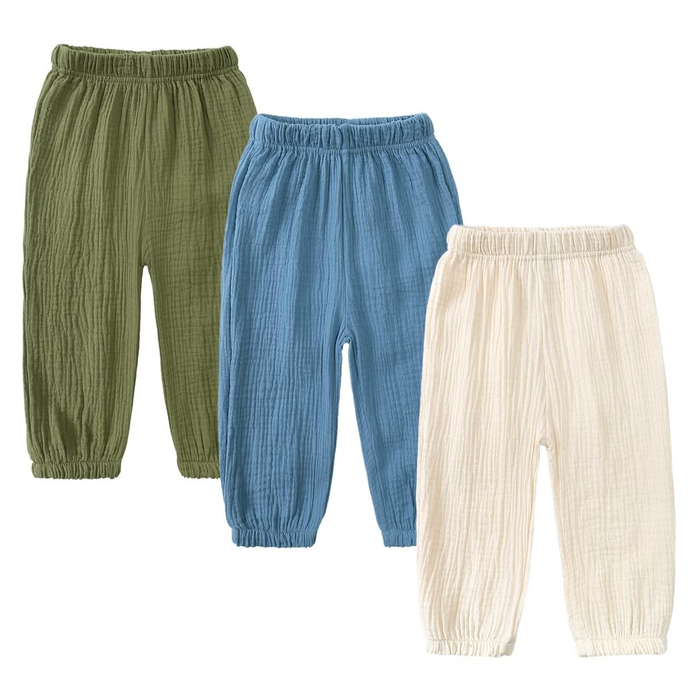 Kids Tales 3 Pack Boys Girls Cotton Linen Pants Child Basic Plain Solid Trousers Big Kids Elastic Waist Long Pants Bloomers