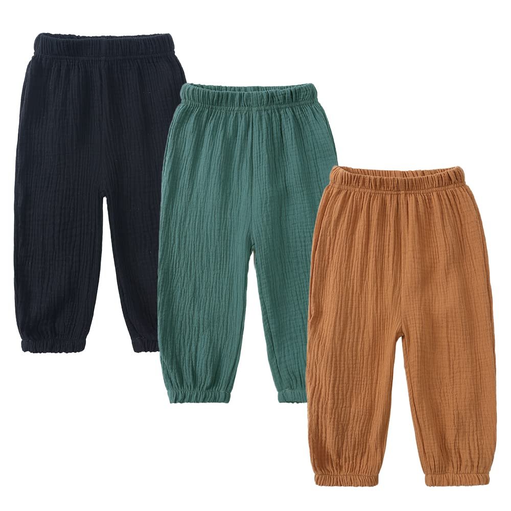 Kids Tales 3 Pack Boys Girls Cotton Linen Pants Child Basic Plain Solid Trousers Big Kids Elastic Waist Long Pants Bloomers