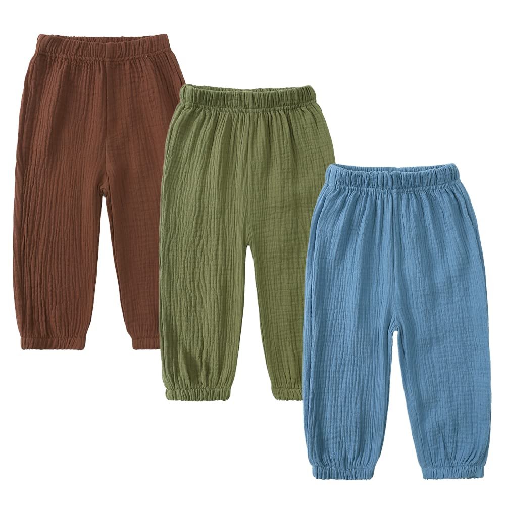 Kids Tales 3 Pack Boys Girls Cotton Linen Pants Child Basic Plain Solid Trousers Big Kids Elastic Waist Long Pants Bloomers