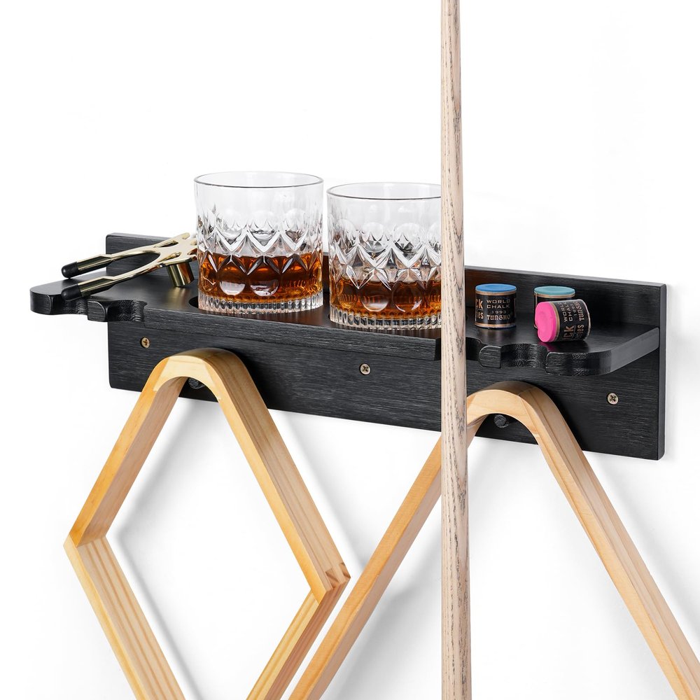 XCSOURCE Bamboo Pool Cue Holder Wall Mount, 4 Cue Rack with Ball Rack & Drink Holder, Black, 15.7 x 4.3 x 4.3 Inches