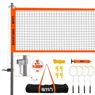A11N Outdoor Volleyball and Badminton Combo Set - Includes Adjustable Height Anti-Sag Net, Volleyball, Air Pump, 4 Badminton Rackets, 2 Shuttlecocks, Boundary Line Marker, and Carrying Bag, Orange
