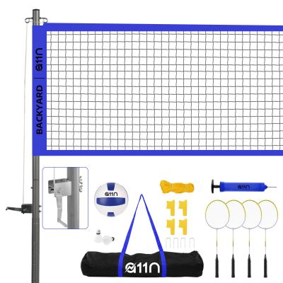 A11N Outdoor Volleyball and Badminton Combo Set - Includes Adjustable Height Anti-Sag Net, Volleyball, Air Pump, 4 Badminton Rackets, 2 Shuttlecocks, Boundary Line Marker, and Carrying Bag, Blue