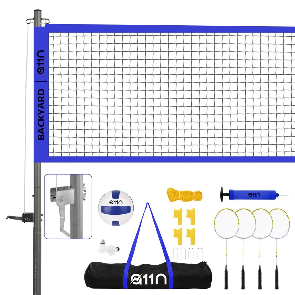 A11N Outdoor Volleyball and Badminton Combo Set - Includes Adjustable Height Anti-Sag Net, Volleyball, Air Pump, 4 Badminton Rackets, 2 Shuttlecocks, Boundary Line Marker, and Carrying Bag, Blue