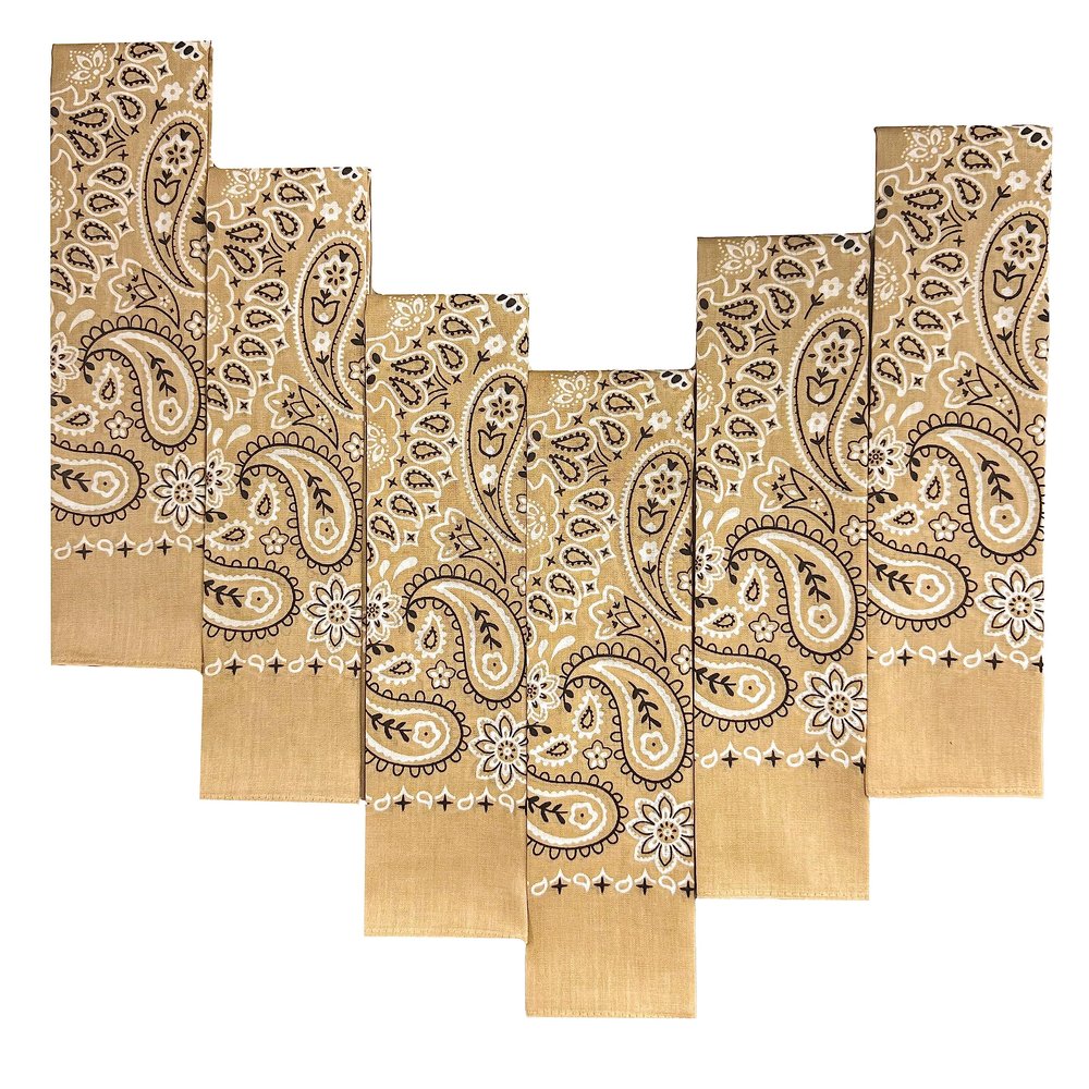 6-Pack Tan 100% Cotton Bandanas Gift Set  22x22 Inch Paisley Head Wraps, Face & Neck Scarves, Multi-Purpose Accessories for Men & Women, Holiday & Everyday Gifting