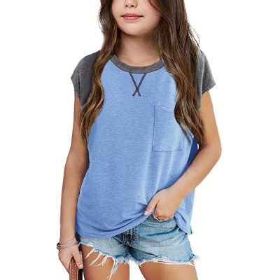 Girls Summer T Shirts Casual Cap Sleeve Crewneck Raglan Tops Loose Tshirts with Pocket Toddler (Light Blue, 6-7 Years)