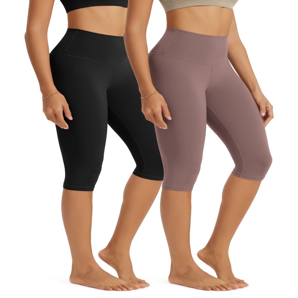 ODODOS 2-Pack Buttery Soft Lounge Yoga Capris for Women 14" High Waist Knee Length Leggings, Black+Purple Taupe, Small